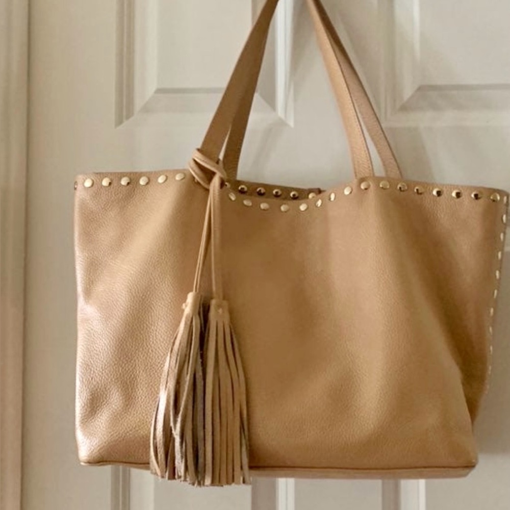 Laggo Remy Tan Pebble Leather Tote Gold Studs Tassel